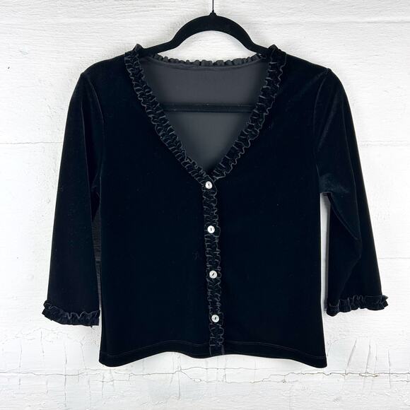 Black Velvet Mini Cropped Cardigan – Ruffled Hem, Petite Medium - Picture 1 of 5